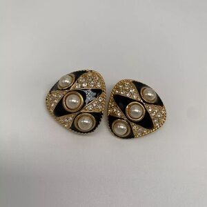 GORGEOUS Large Vintage ROMAN Black White Gold Clip On Pearl Rhinestone Earrings